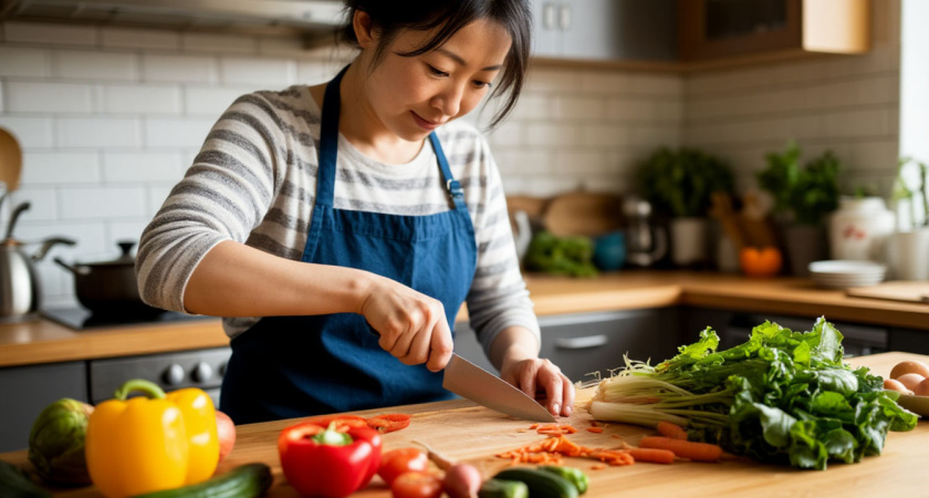 Жена японского шефа научила технике резки овощей: хитрый трюк с резинкой - овощи сами слетают с ножа