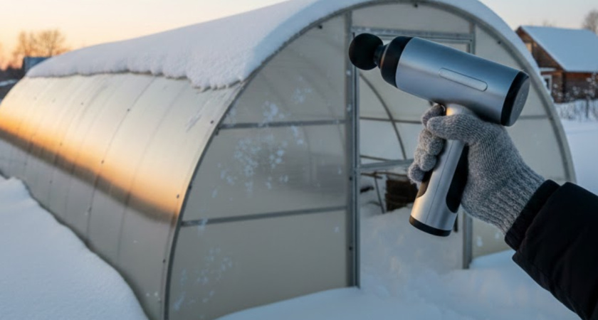 Больше не мучаюсь с лопатой: чищу теплицу от снега вибромассажёром за 5 минут — снег сходит целой лавиной