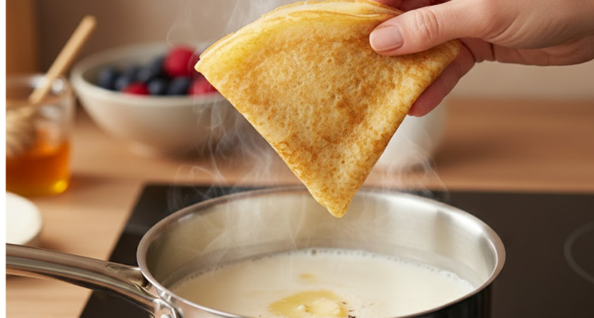 Опускаю блины в кипящее молоко — и получаю «крем-брюле»: 30 секунд, и десерт тает во рту без всякого масла