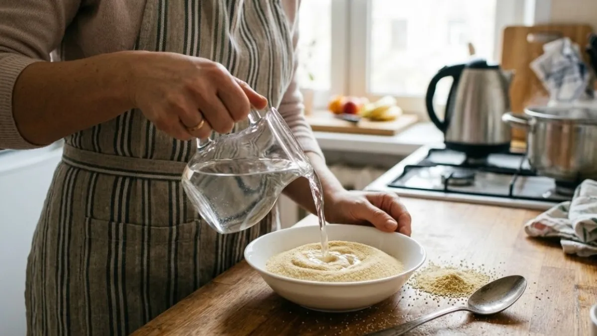 Беру манку, заливаю тёплой водой и в духовку: чайник вскипеть не успевает, а постный манник уже на столе