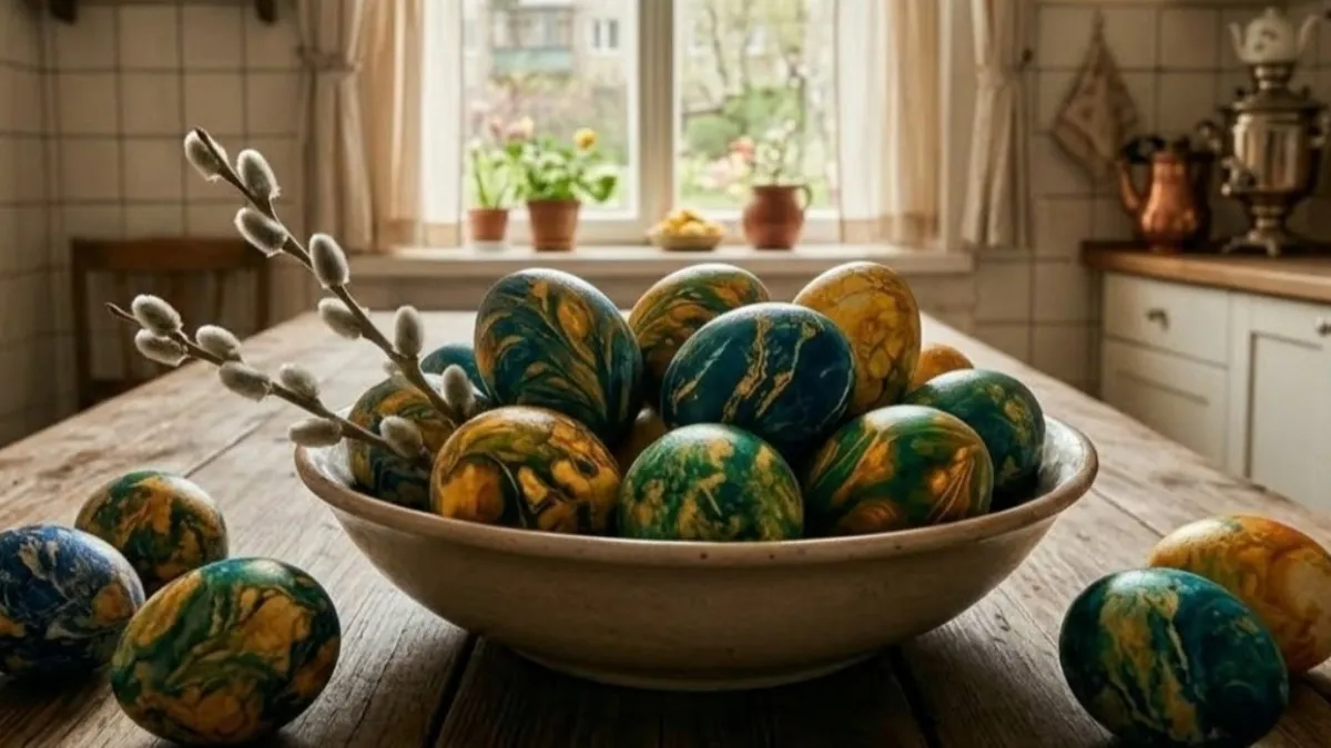 Крашу яйца луковой шелухой под капроновым чулком: мраморные яички дадут фору всем модным красителям