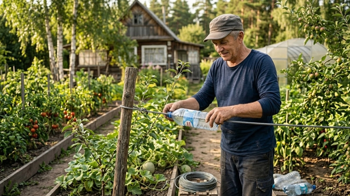 Насадил бутылку на проволоку — и птицы облетают сад за километр: веселый «щит» защитил вишни с яблонями