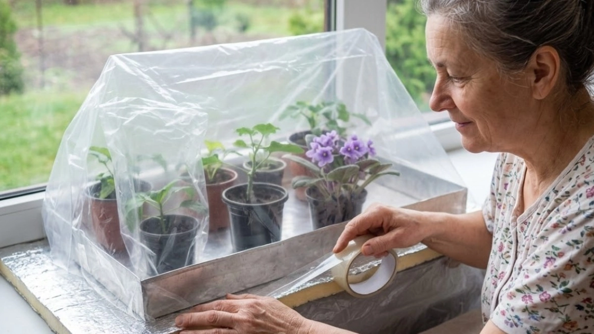 Утепляю рассаду на окне ровно за минуту - хитрый трюк с куском пленки делает из подоконника мини-теплицу