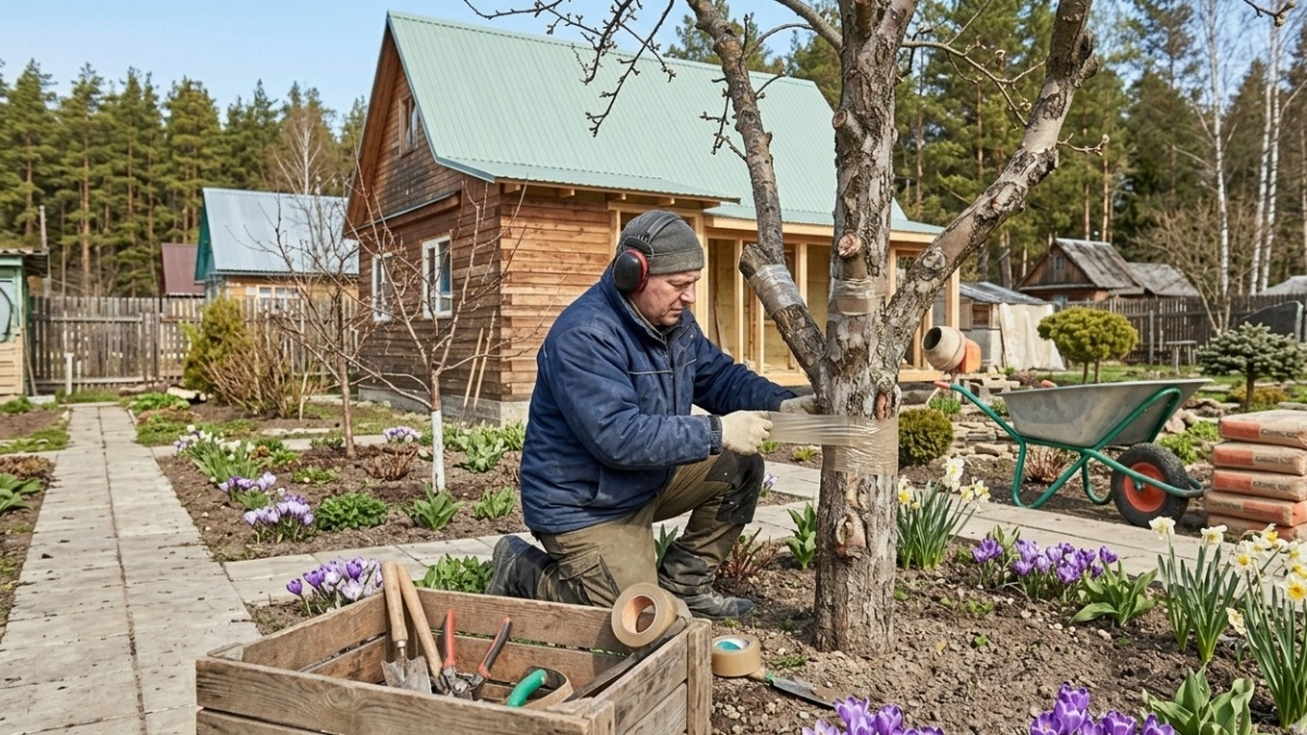 Дачники, обматываю вишни и груши изолентой - обязательно до 10 апреля: тля дуреет и бежит восвояси уже через сутки