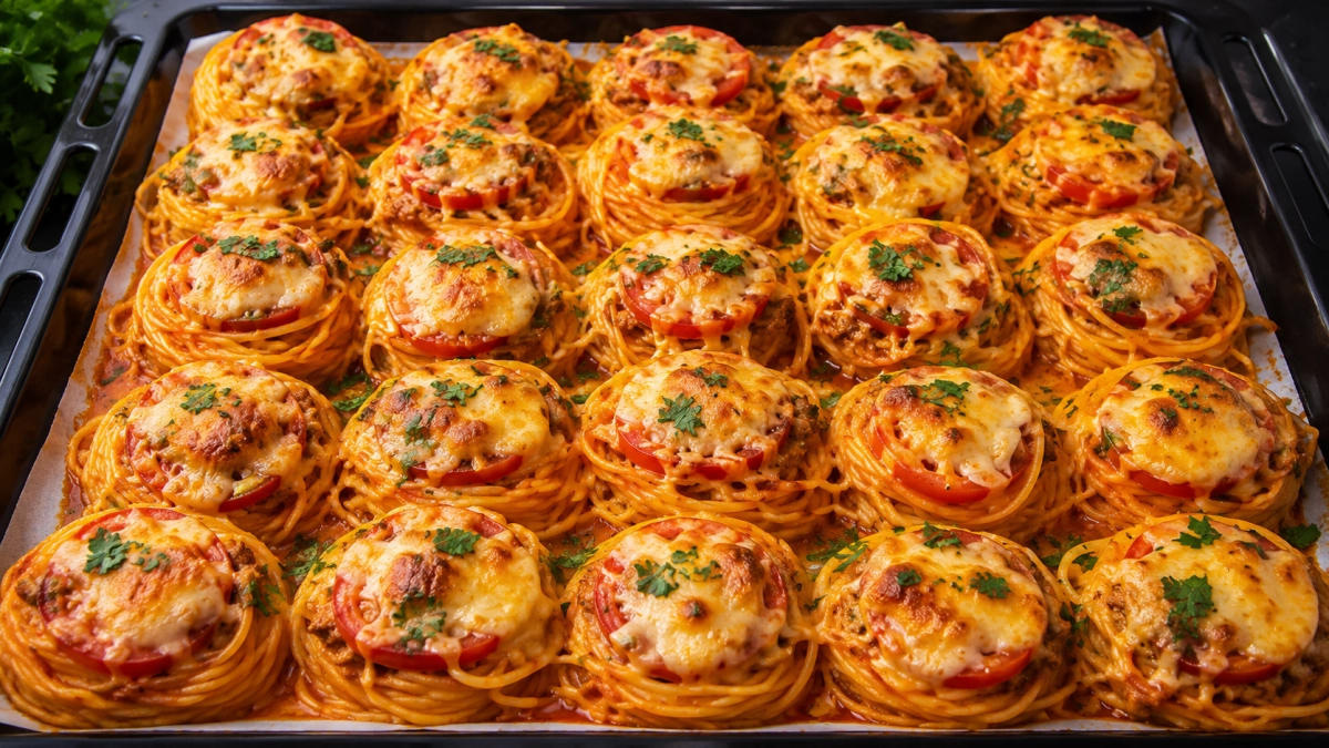 Если любите макароны с мясом, приготовьте гнезда в кепке — фарш, сыр, помидоры: вкус — царь, подача — царица