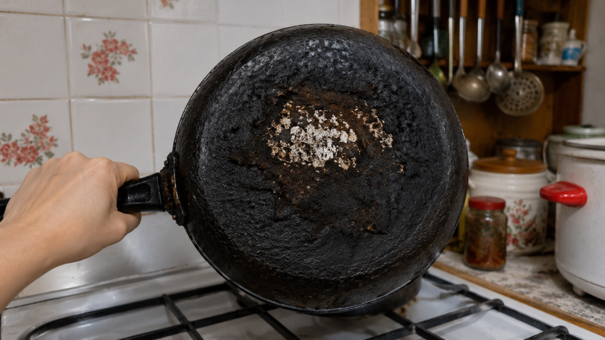 Метод «горячего облака»: вековой панцирь нагара отходит от дна кусками — сковорода как из магазина